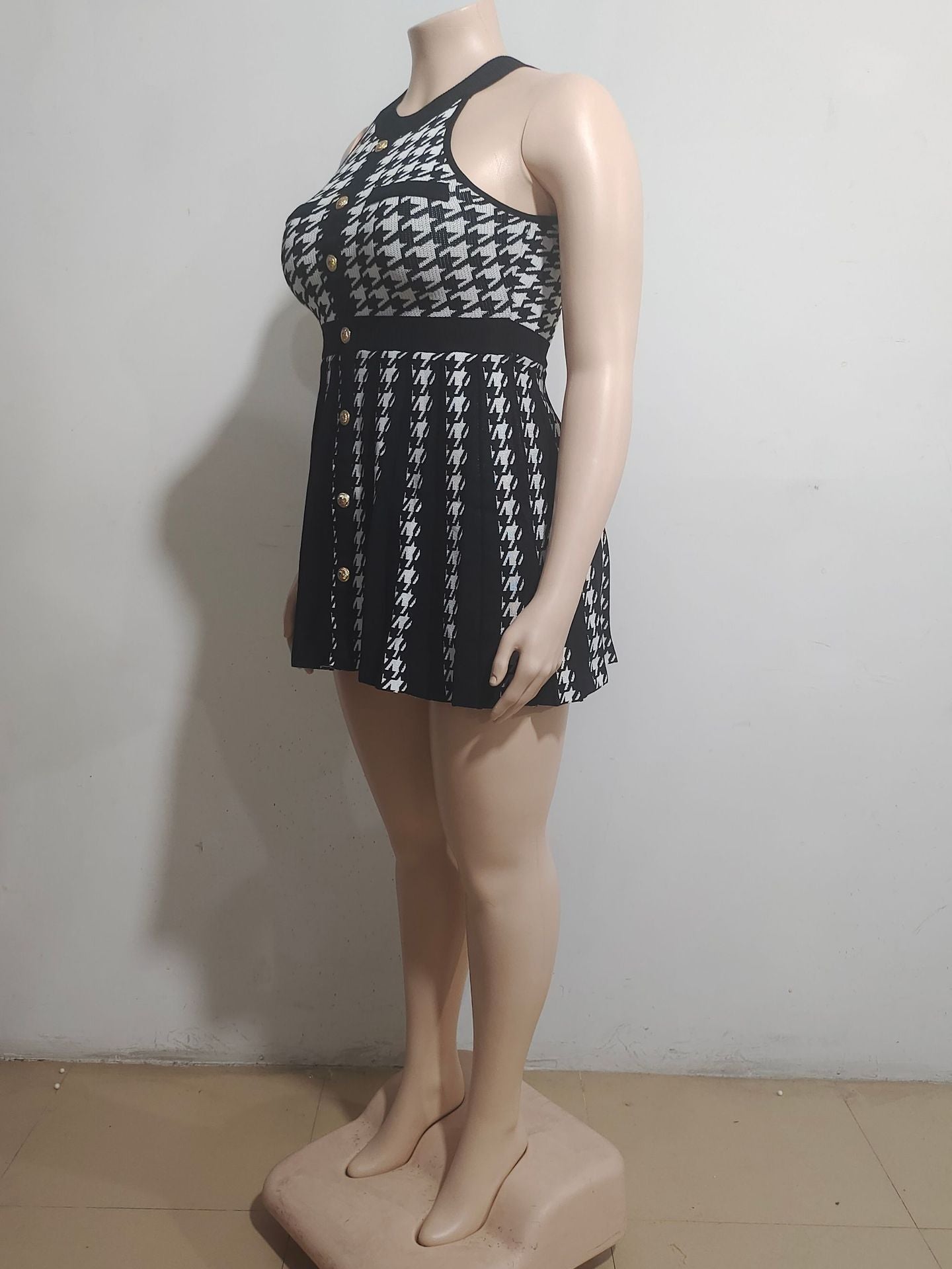 Women's Casual Dress Summer Fashion Street Houndstooth Halter Neck A-Line Dress 9