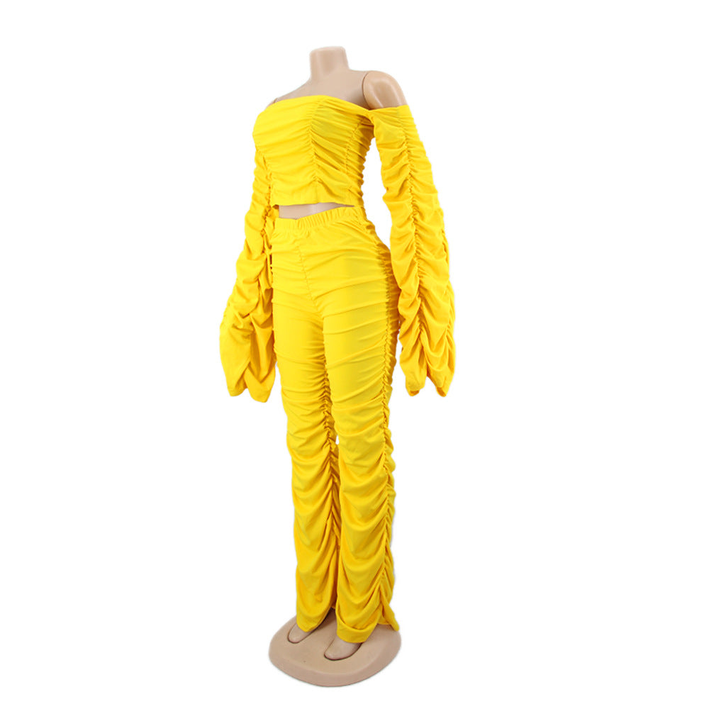 Women Long Sleeve Solid Pleated Off Shoulder Sexy Top and Pant Two-piece Set 17