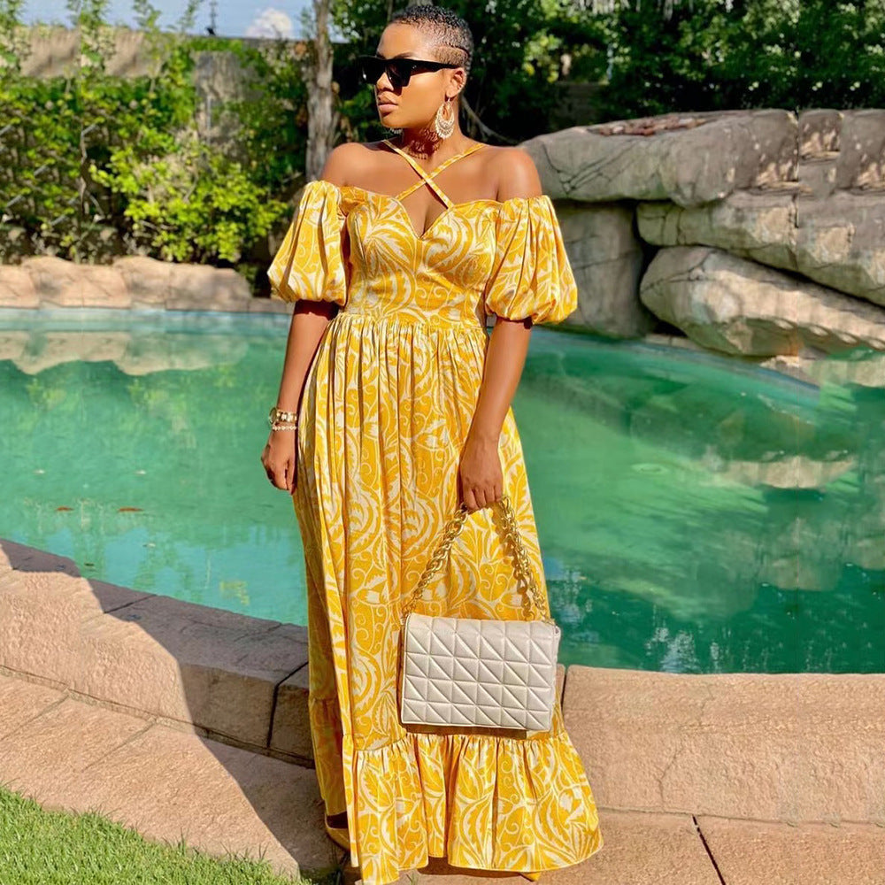 Spring/Summer Women'S Printed Strap Halter Off Shoulder Slit Maxi Dress 11