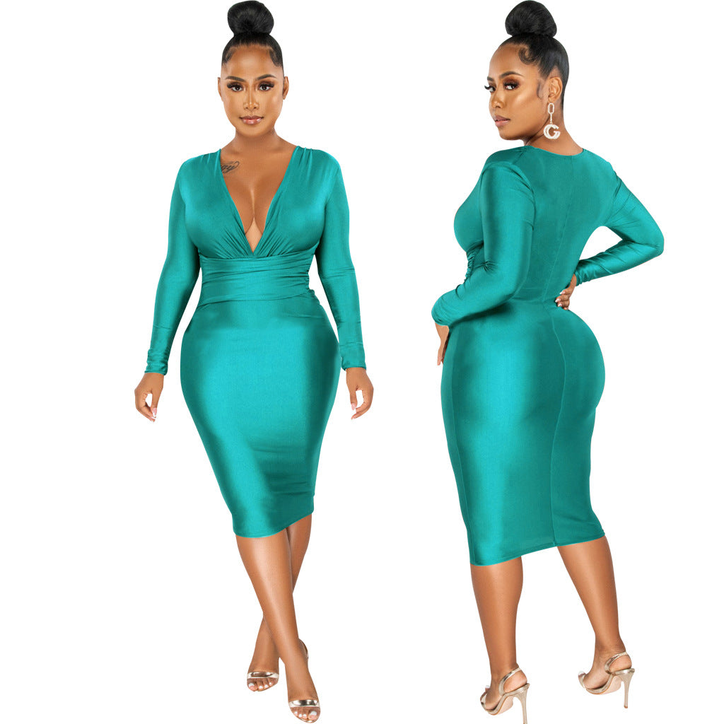 Women Sexy Solid Shiny Long Sleeve V-Neck Dress 13