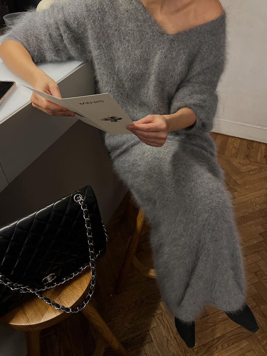 Autumn Winter Lazy V-Neck Sweater Fishtail Skirt Two Piece Set 5