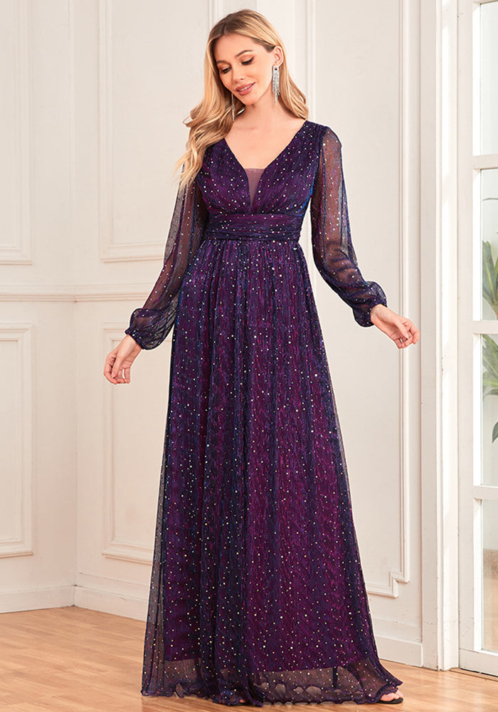 Women's  Glittery Pleated Elastic See-Through Long Sleeve V-Neck Legant Evening Gown