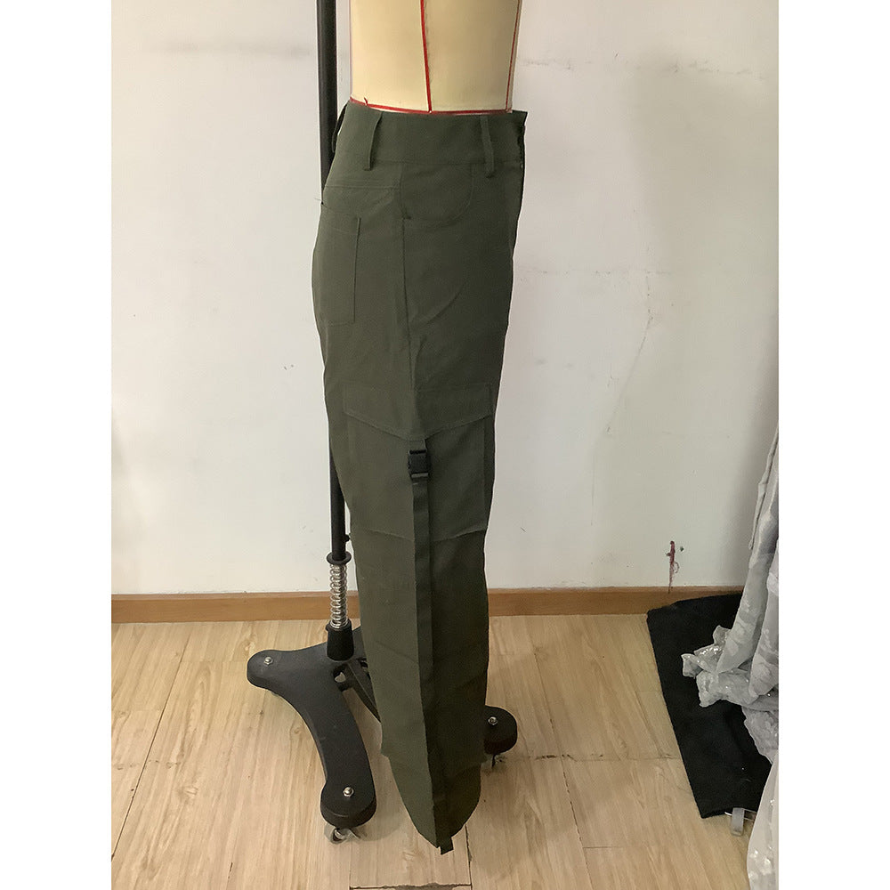 American Retro Cargo Pants Women's Pocket High Waist Straight Wide Leg Ribbon Loose Casual Trousers 8