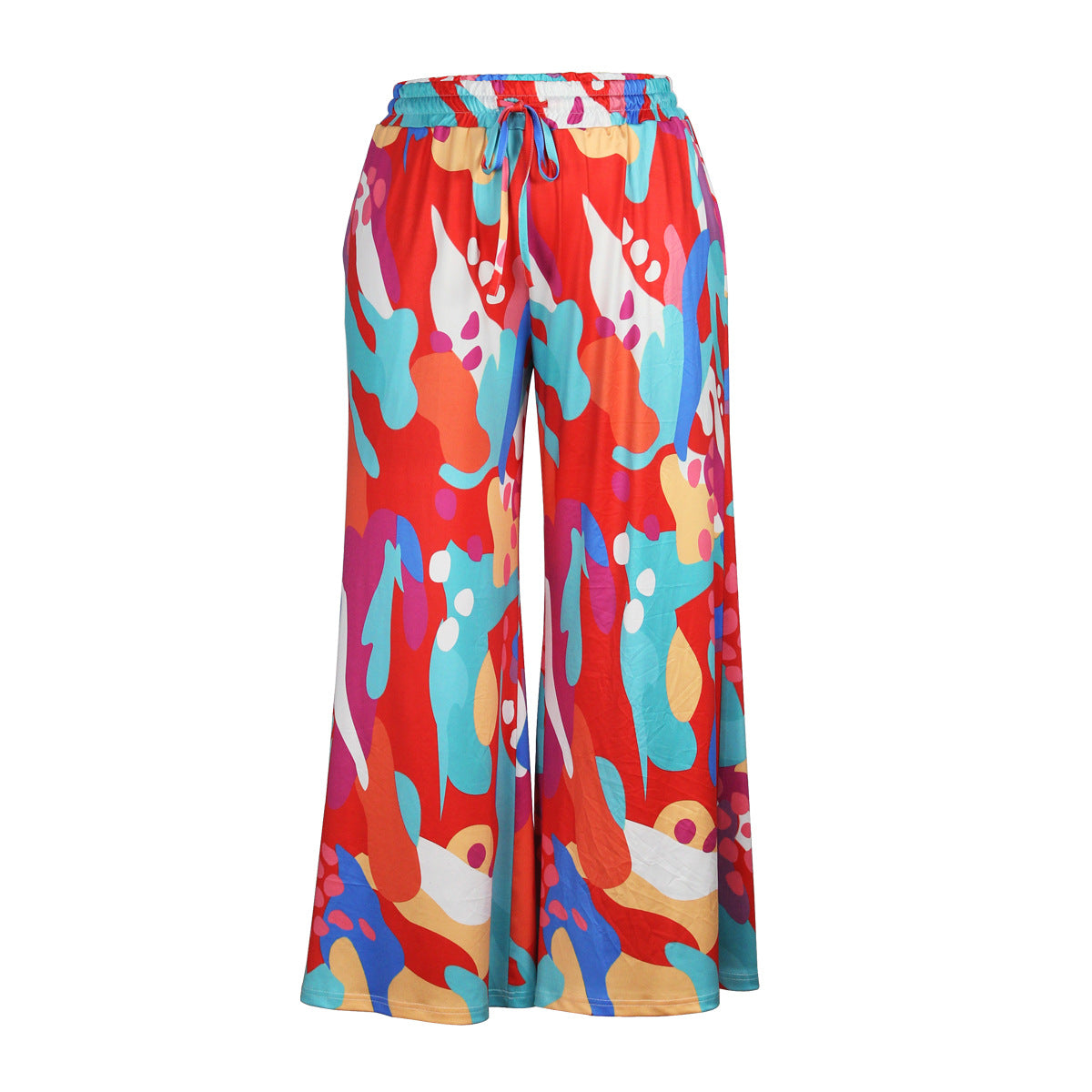 Plus Size Women Casual Tie Print Pocket Wide Leg Pants 8