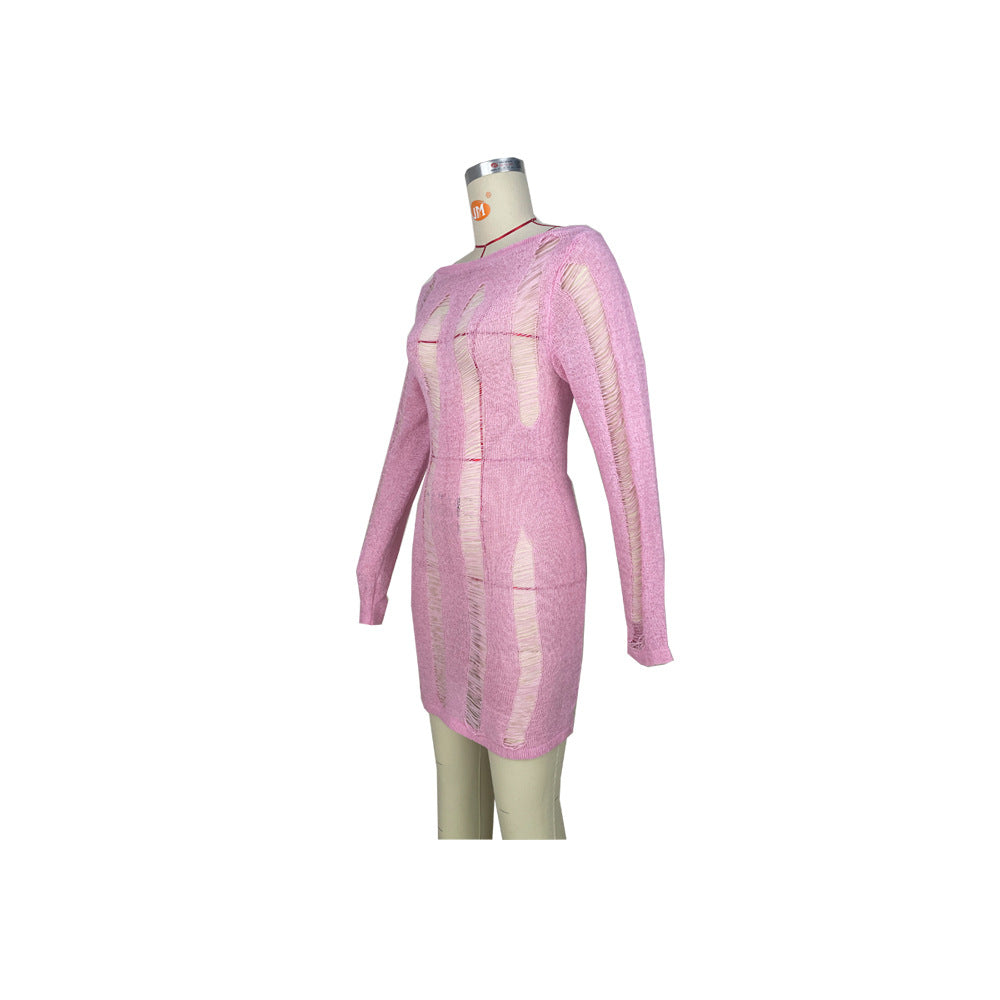 Women's Sexy Hollow Thin Long Sleeve Top Round Neck Hollow Back Dress 16