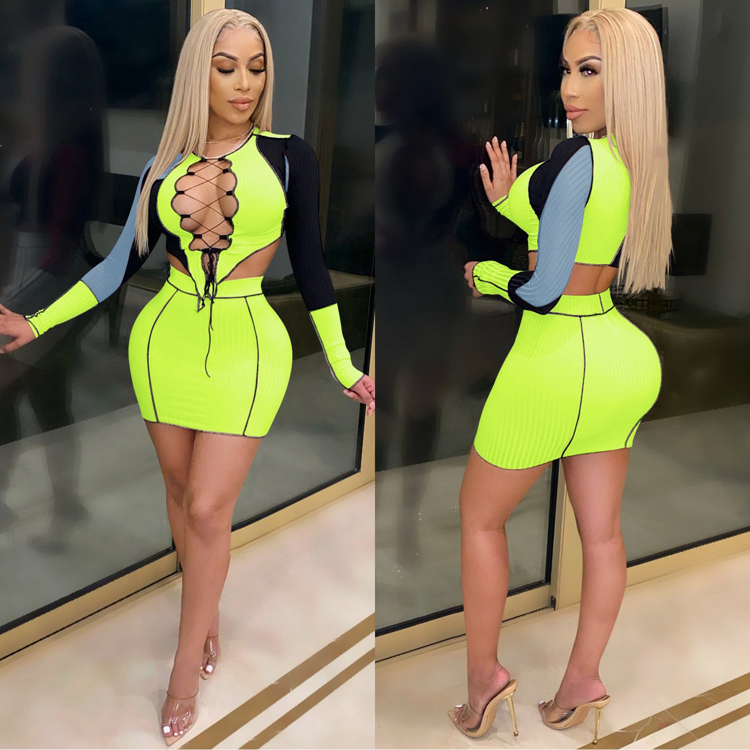 Women Lace-up Hollow Top and Skirt Two Piece Set 5