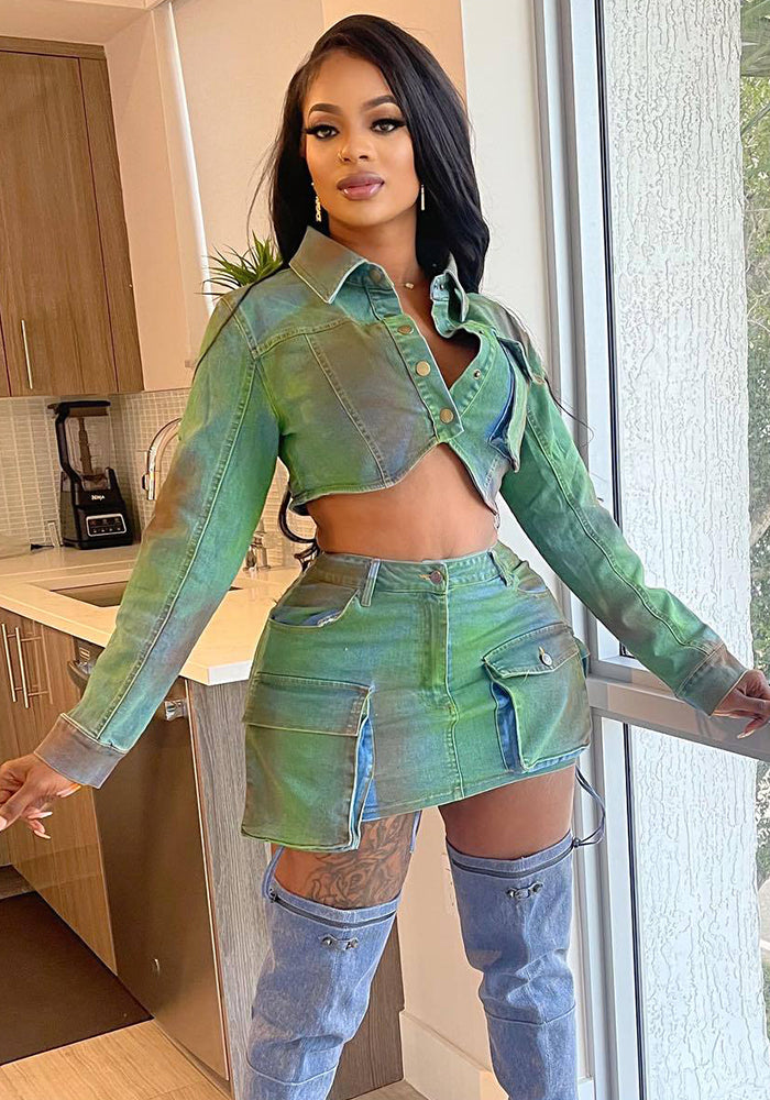 Fashionable Denim Painted Stretch Two Piece Skirt Set