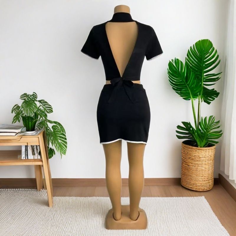 Women Sexy Turndown Collar Short Sleeve Top and Split Skirt Two-piece Set 6