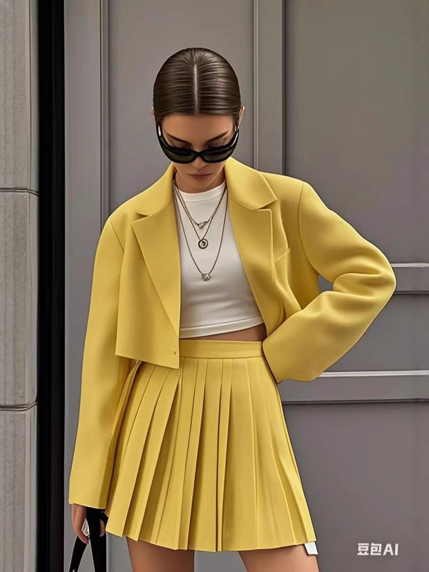 Spring and Summer Fashion Women's Short Blazer Pleated Skirt Set 8