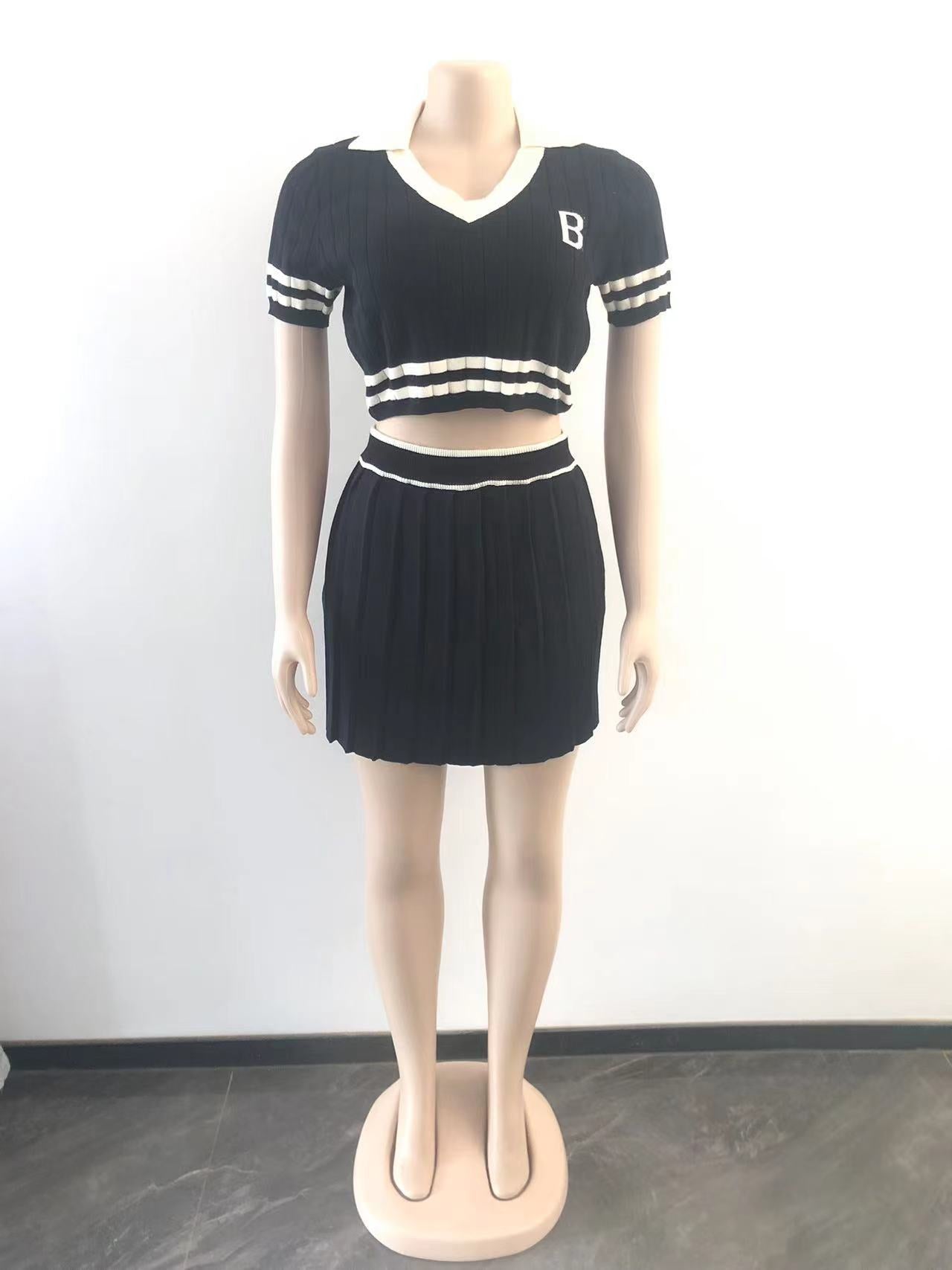 Women's Knitting Sports Pleated Skirt Cropped Short Sleeve Top Two Piece Set 12