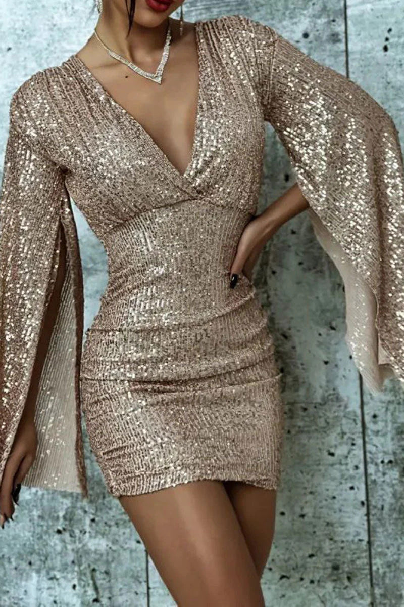 Spring Sexy V-Neck Sequined Cape Sleeve Short Bodycon Dress 8