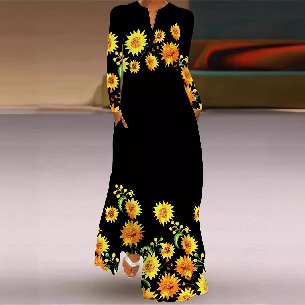 Spring Printed V-Neck Retro Floral Loose Long-Sleeved Long Dress 6