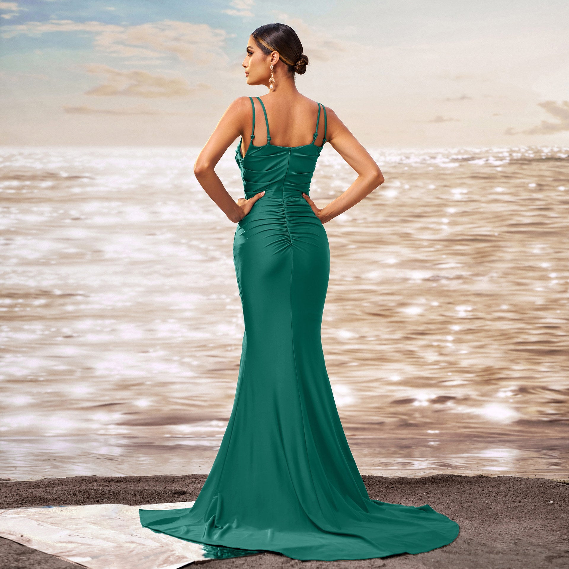 Women suspenders Off Shoulder Bodycon slit Formal Party fishtail evening gown 4