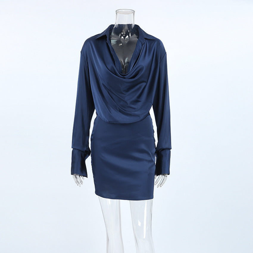 Women Autumn and Winter Elegant Blue Satin Irregular Long Sleeve Dress 11