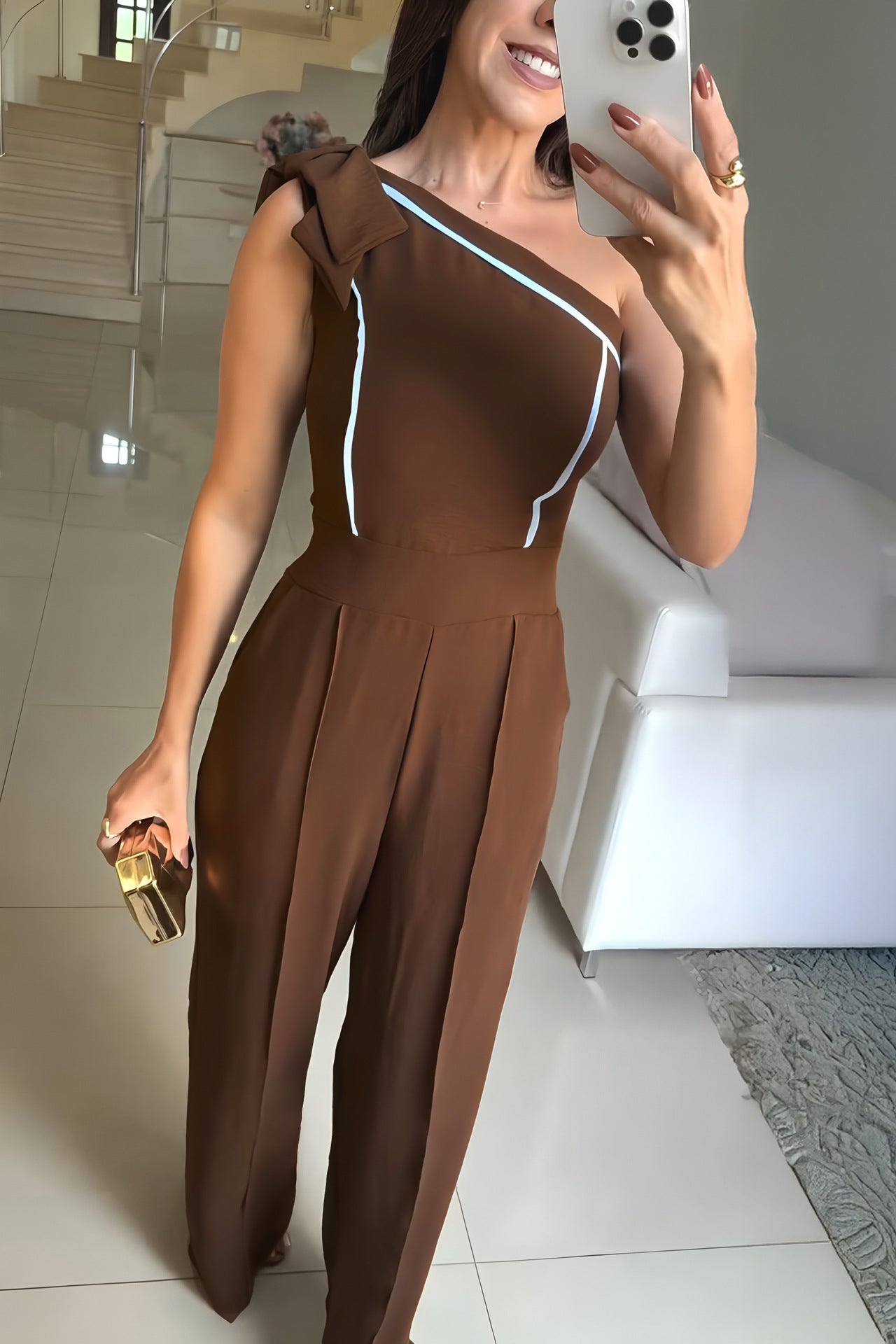 Women's Solid Color One-Shoulder Chic Casual Bow Jumpsuit