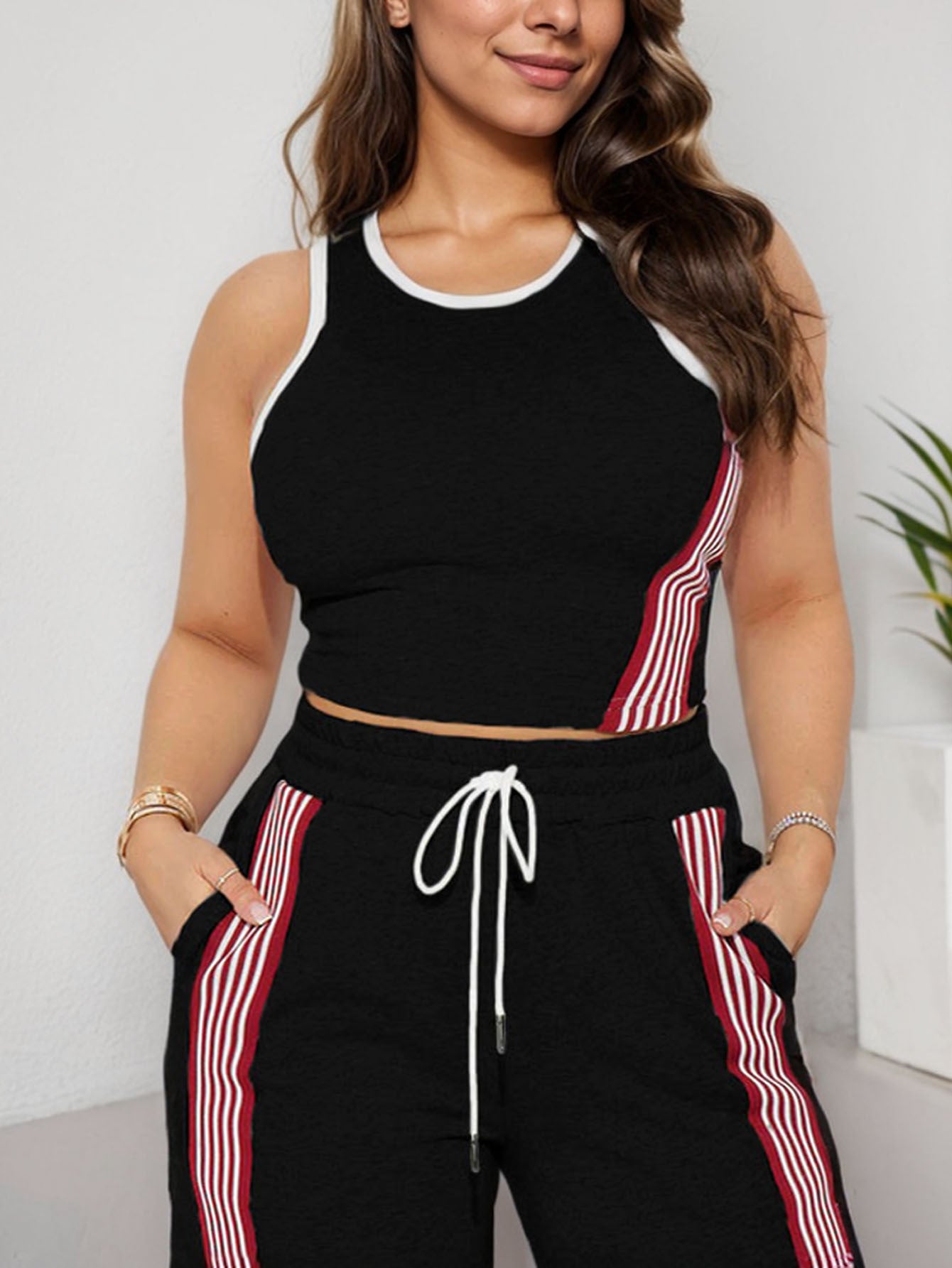 Women's Fashion Casual Slim Ribbon Patchwork Vest Casual Wide Leg Pants Two Piece Set Sports Women's Wear 7