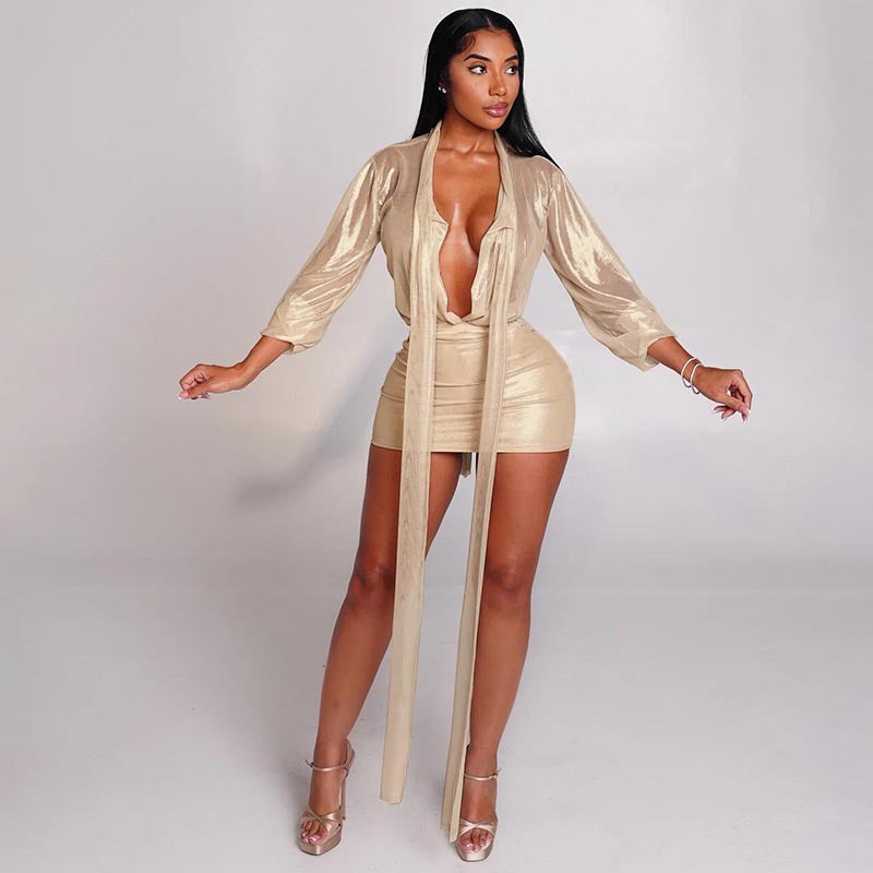 Women's Sexy Sheer Lace-Up Long Sleeve Top & Tight Fitting Bodycon Mini Skirt Two-Piece Set