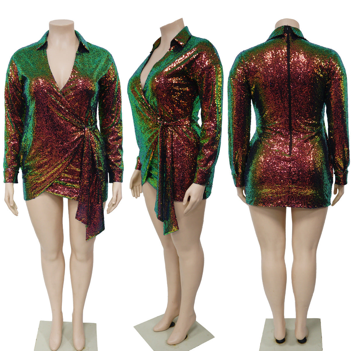 Women Sexy Sequin Shiny Long Sleeve Lace Up Dress 11