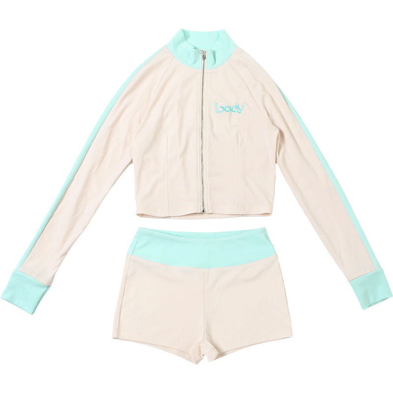 Women Fall Stand Collar Contrast Letter Embroidered Zipper Top and Shorts Two-Piece Set 25