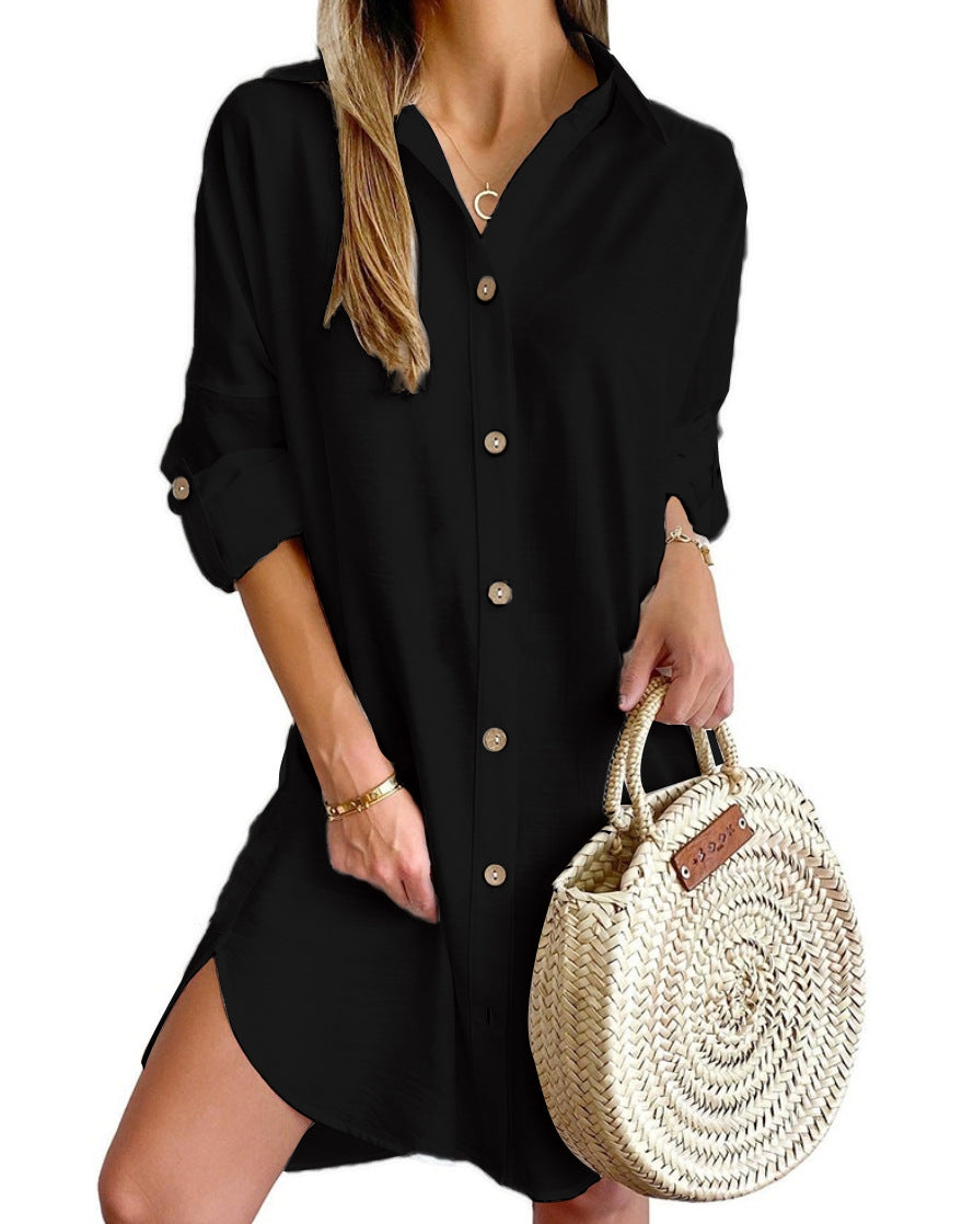 Autumn Casual Long Sleeve Turndown Collar Button Shirt Dress For Women 9