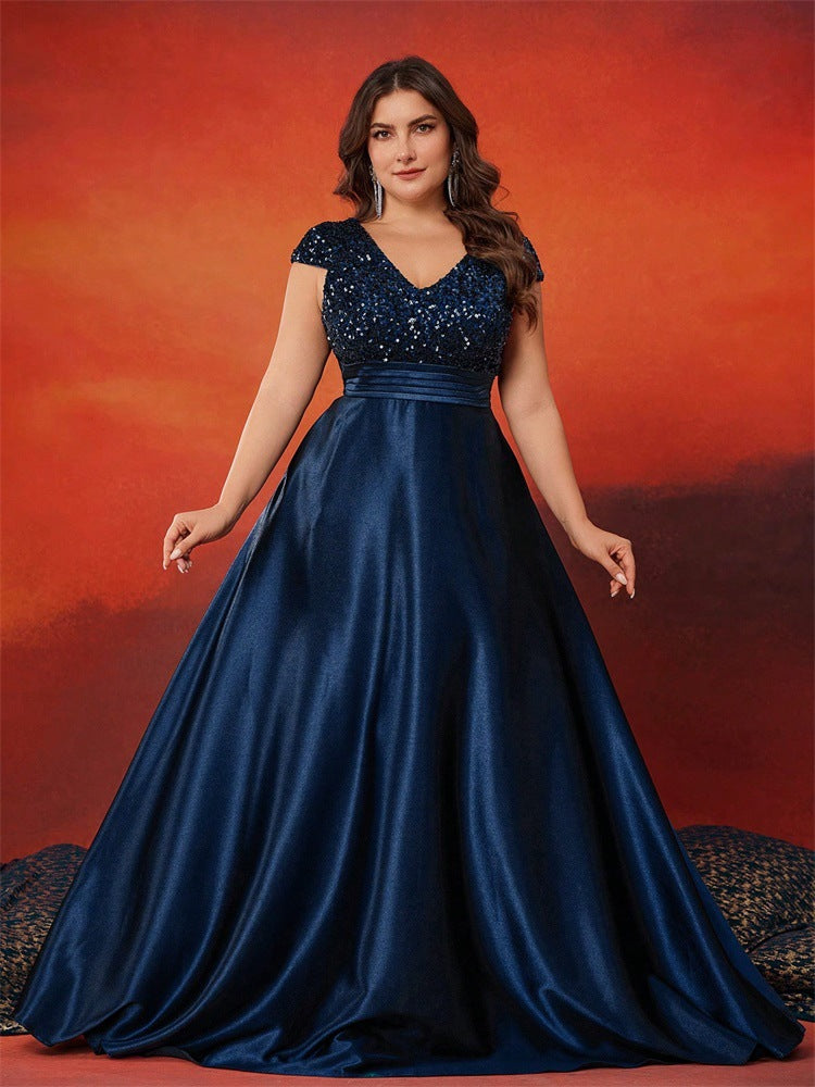 Plus Size Women sequined v-neck Formal Party elegant evening dress