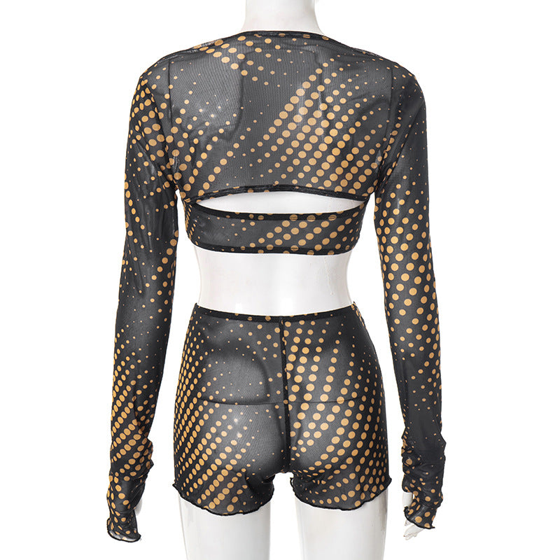 Women spring/summer fingerless strapless patchwork polka dot mesh crop top and shorts set 8