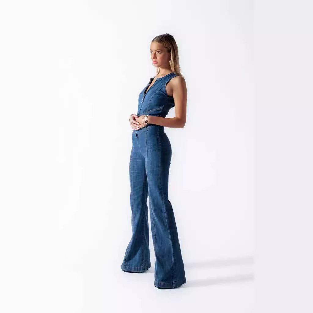 Women’s Retro Streetwear Slim-Fit Sleeveless Hollow Denim Jumpsuit