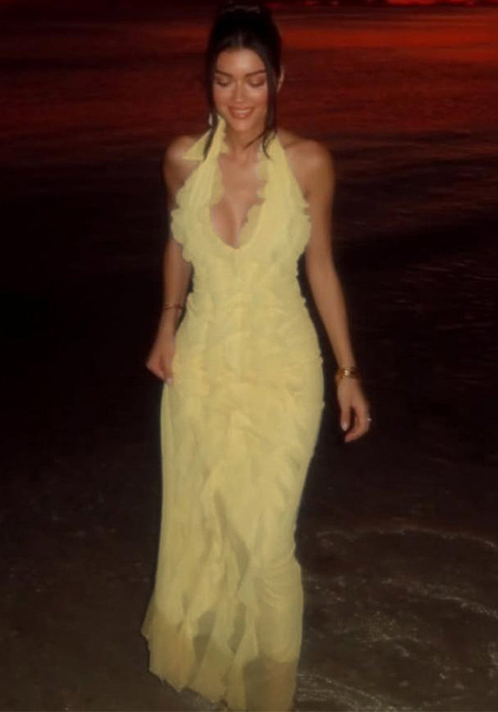 Summer Women's Fashion Sleeveless Low Back Ruffled Deep V-Neck Sexy Long Dress