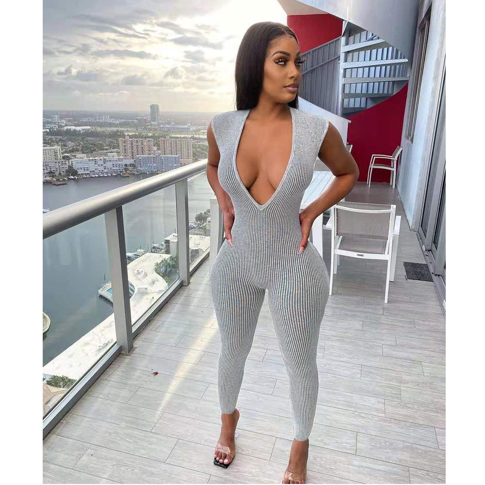 Solid Color Sexy Deep V-Neck Low-Cut Tight Fitting Women's Jumpsuit 3