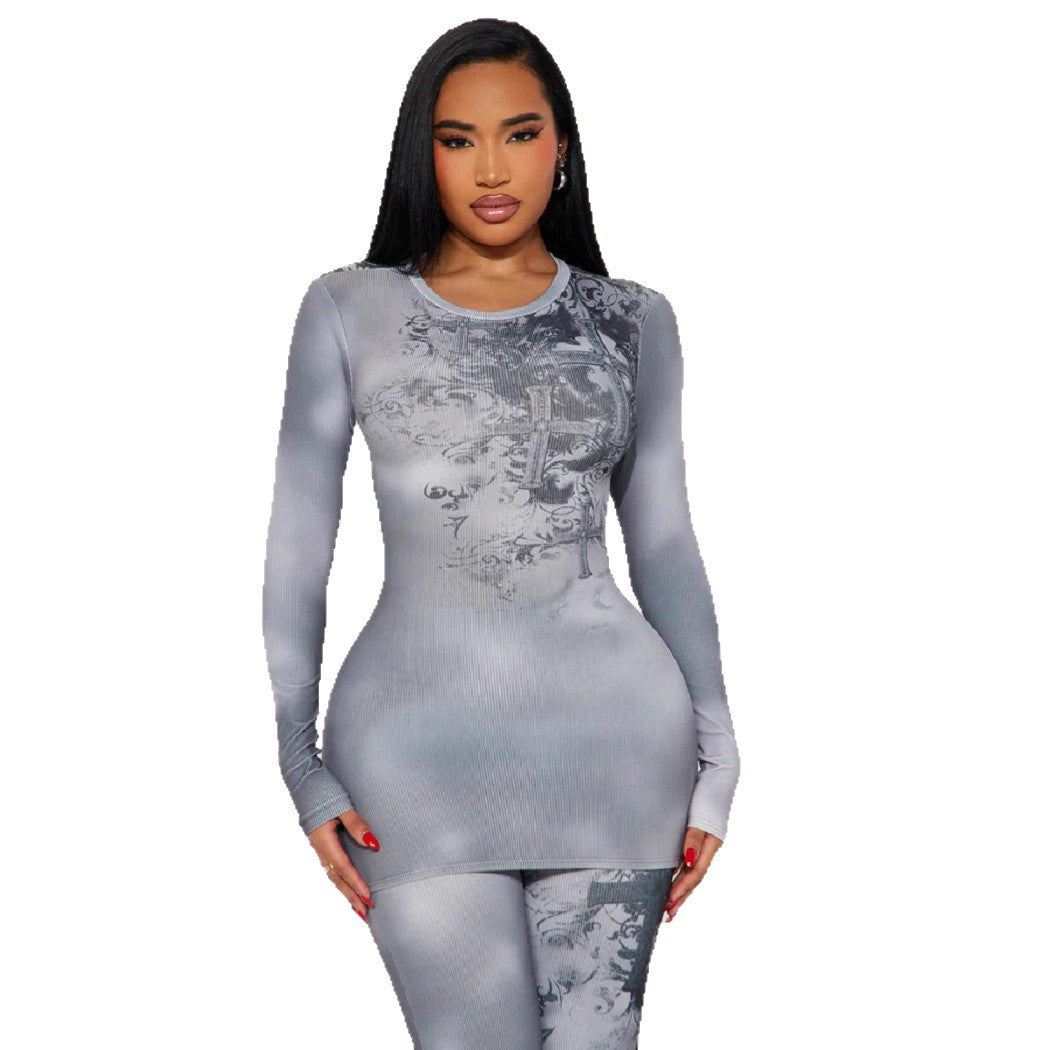 Women's Sexy Tie-Dye Gray Long Sleeve Top Flared Pants Two-Piece Set 6