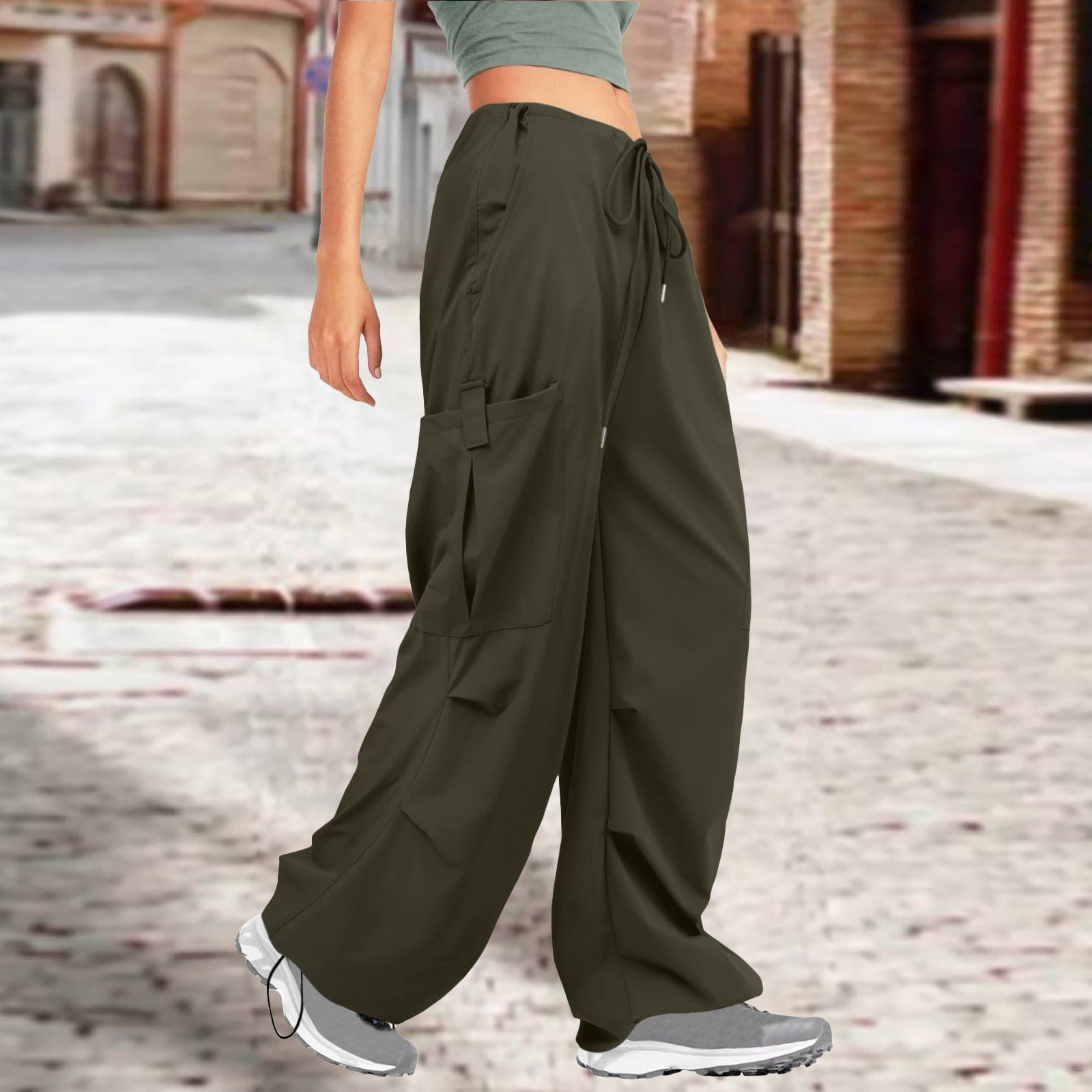 Women Solid Drawstring Casual Loose Athletic Cargo Pants 11