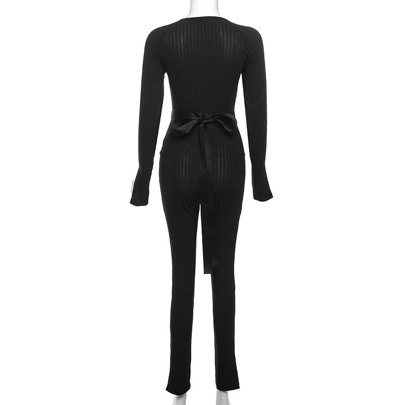 Women Sexy Ribbed Lace-up Casual Jumpsuit 9