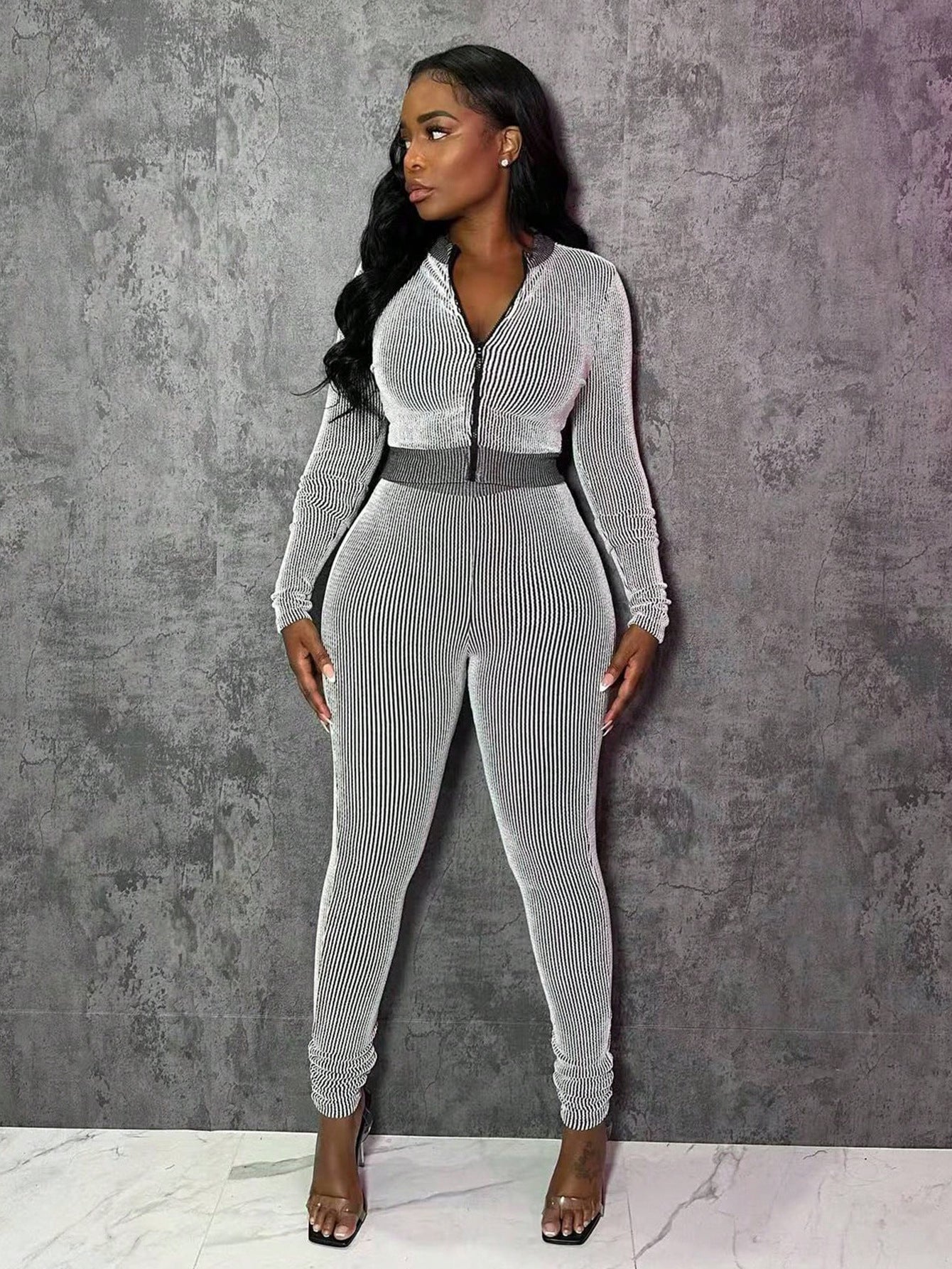 Fashion Casual Sportswear Set Women's Long-Sleeve Zip-Up Slim Fit Two-Piece Pants Set 4