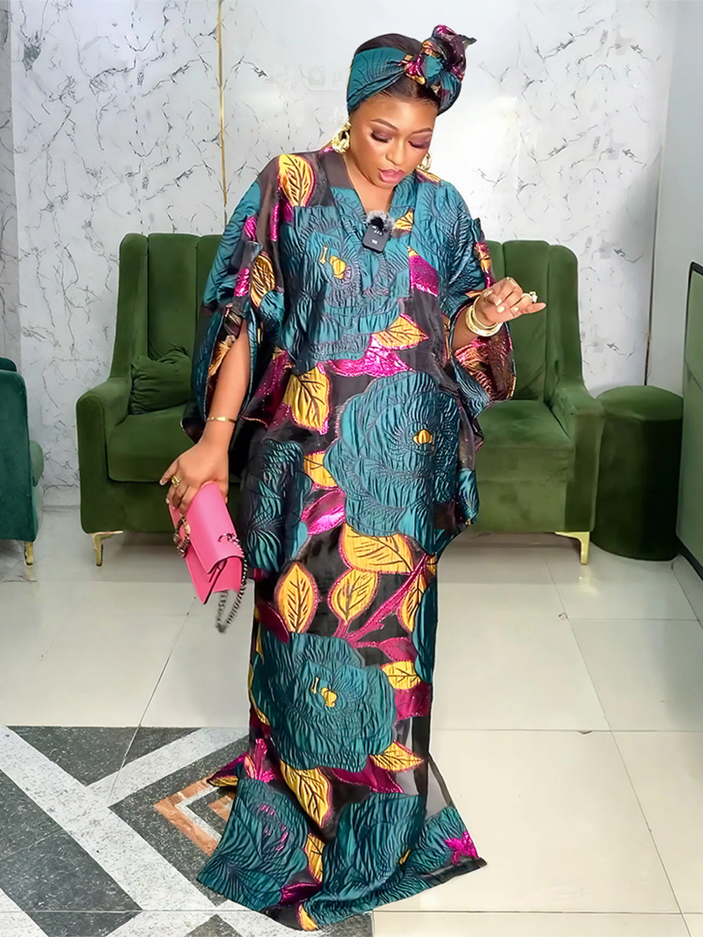 Plus Size Women African Ethnic Printed Robe and Headband Dress 6