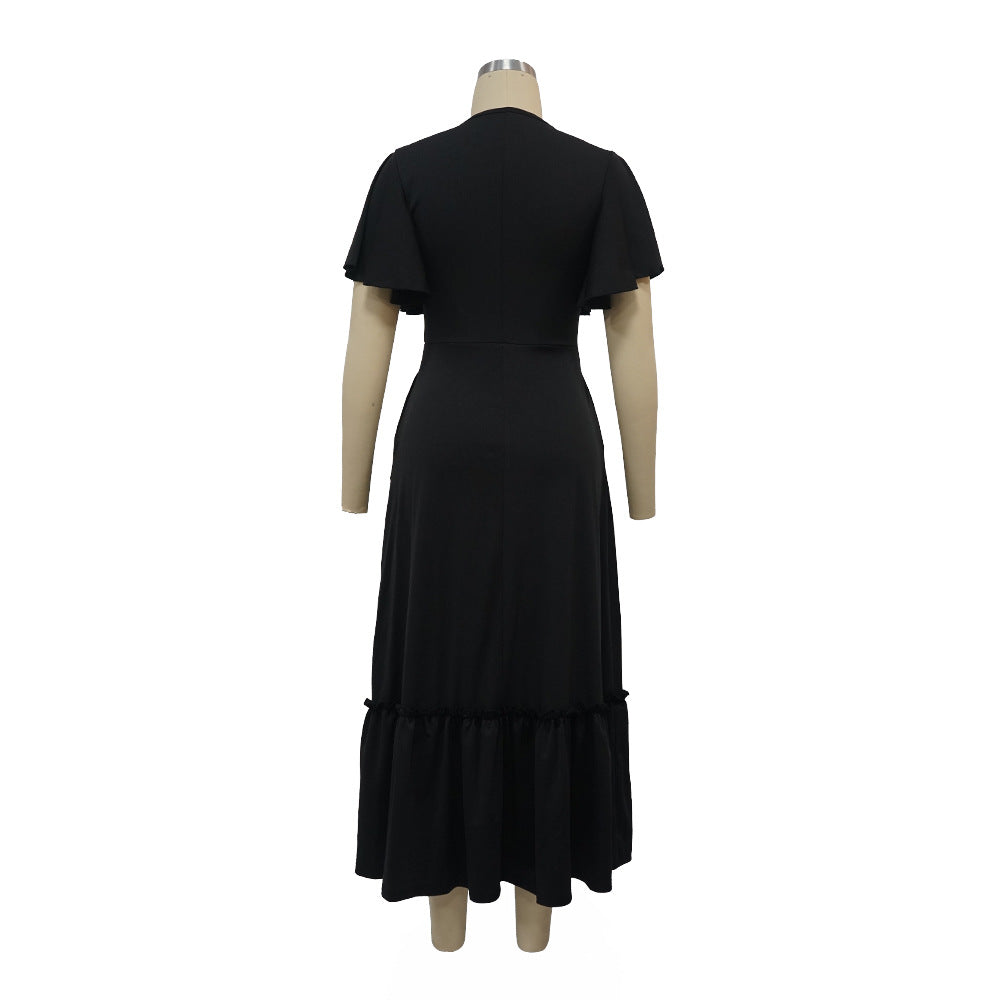 Women Pocket Ruffle Sleeve V-Neck Contrast Patchwork Dress 12