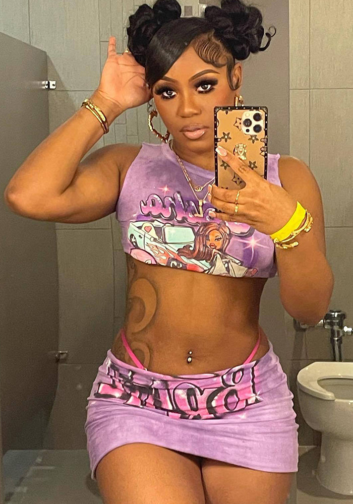 Women Summer Round Neck Sleeveless Figure Letter Print Top and Mini Skirt Two-Piece Set