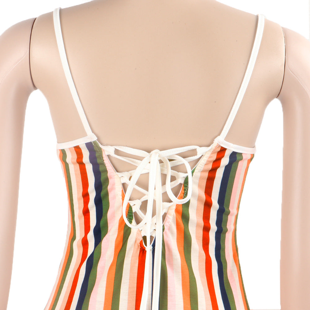 Women sexy striped Backless suspender slit dress 12