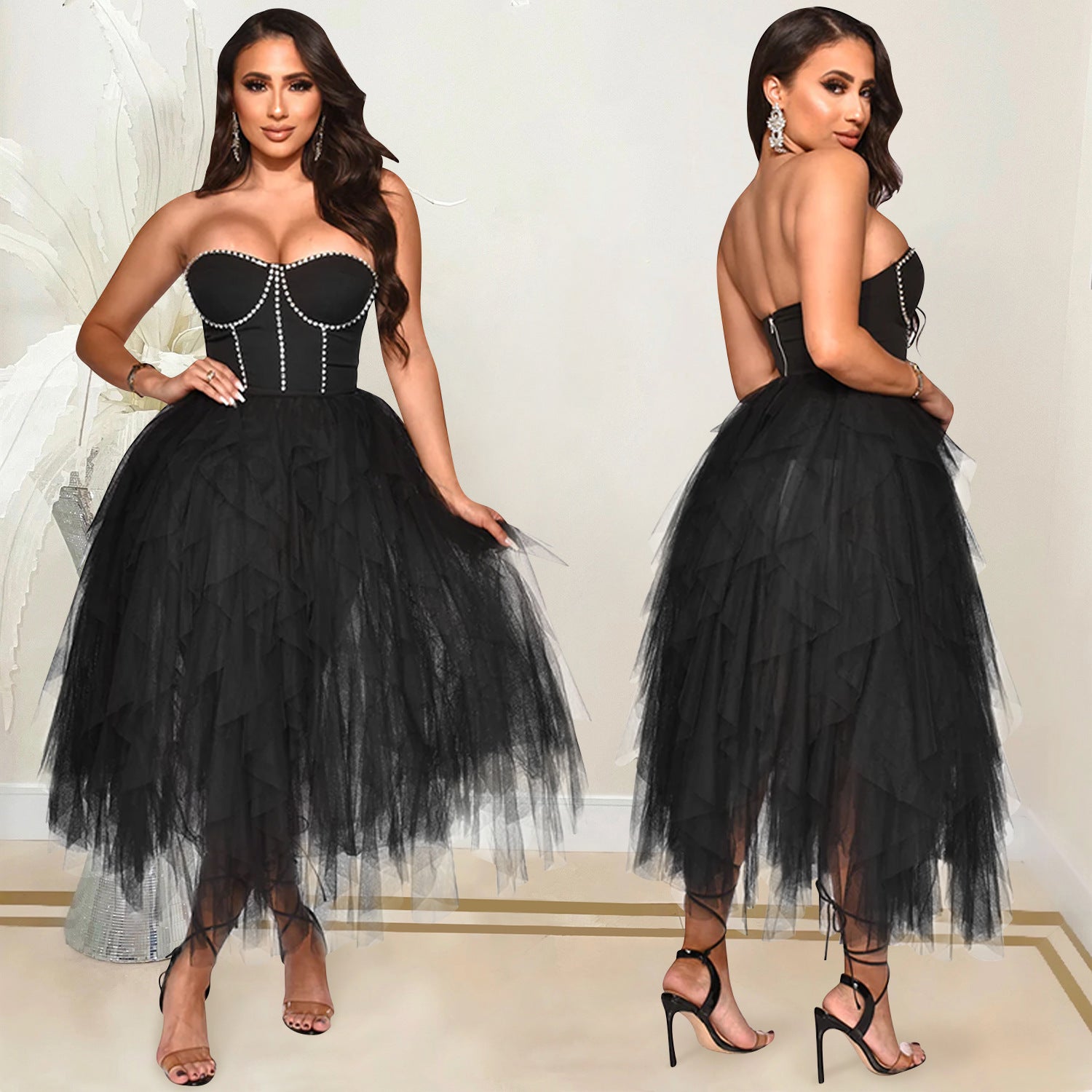 fashion solid color beaded tube top fluffy mesh dress women 6