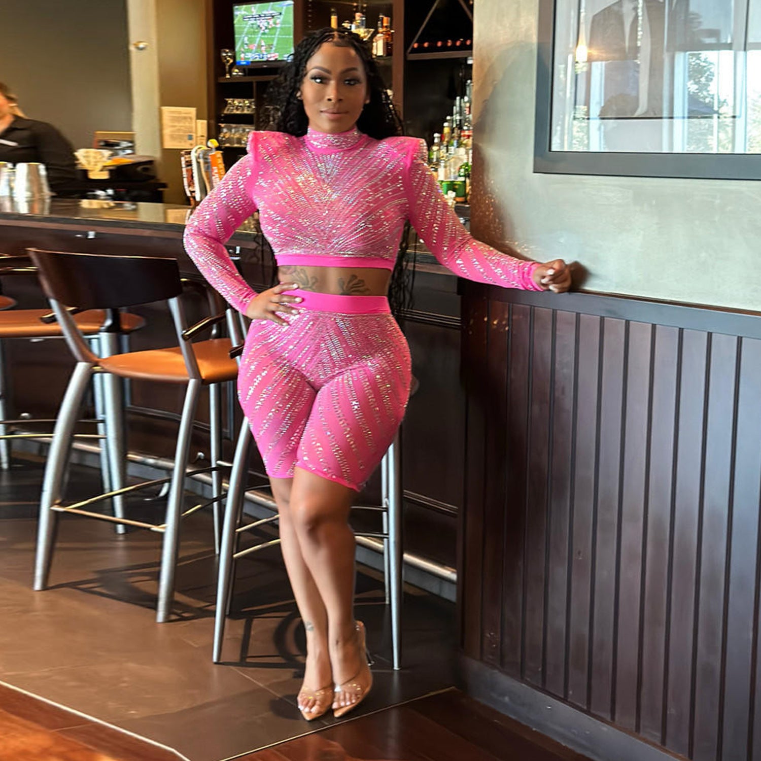 Summer Women's Sexy Tight Fitting Mesh See-Through Long Sleeve Beaded Two-Piece Suit 7