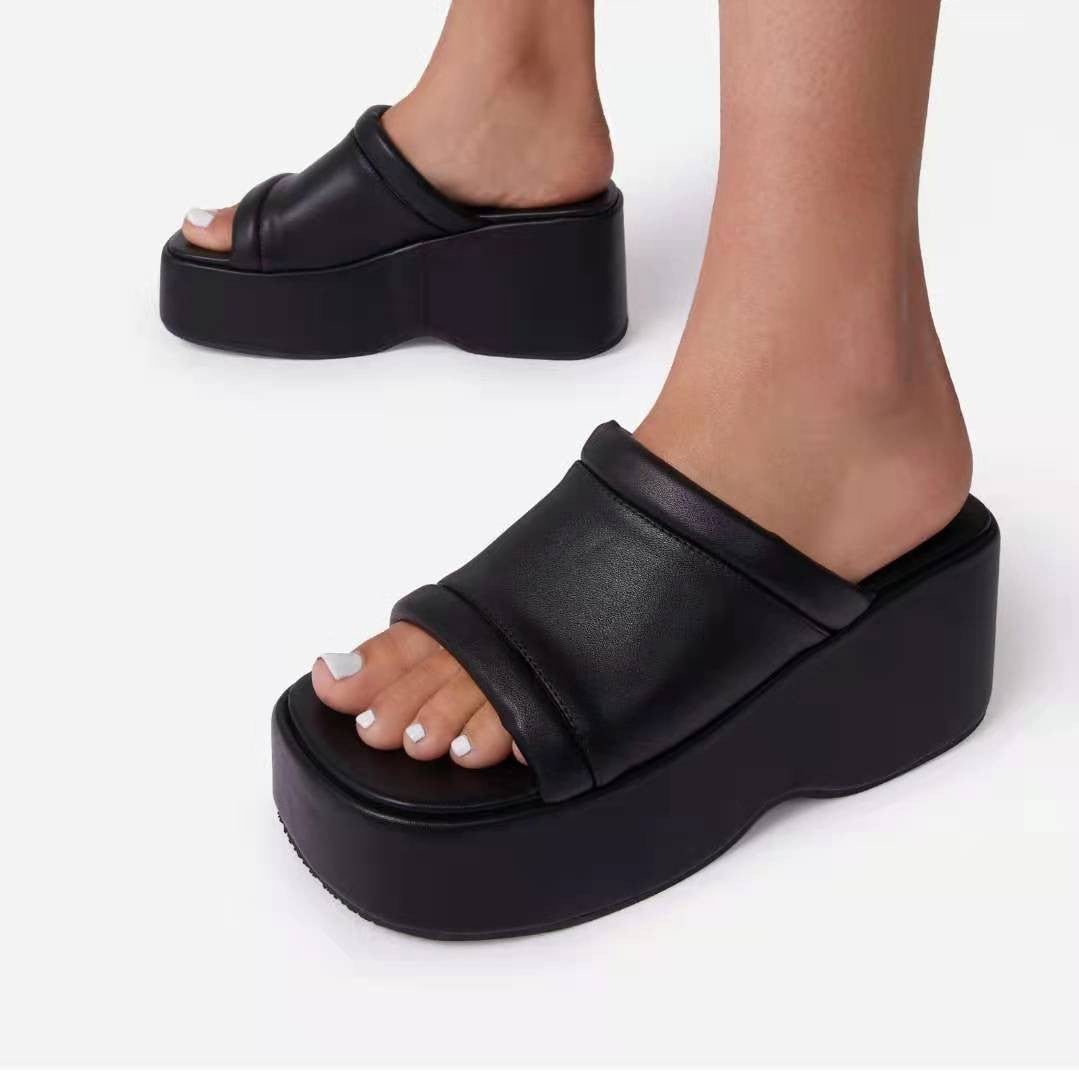 Summer Peep-Toe Sexy High Heel Rubber Wedge Faux Leather One-Line Platform Women's Slippers Outdoor Wear 9