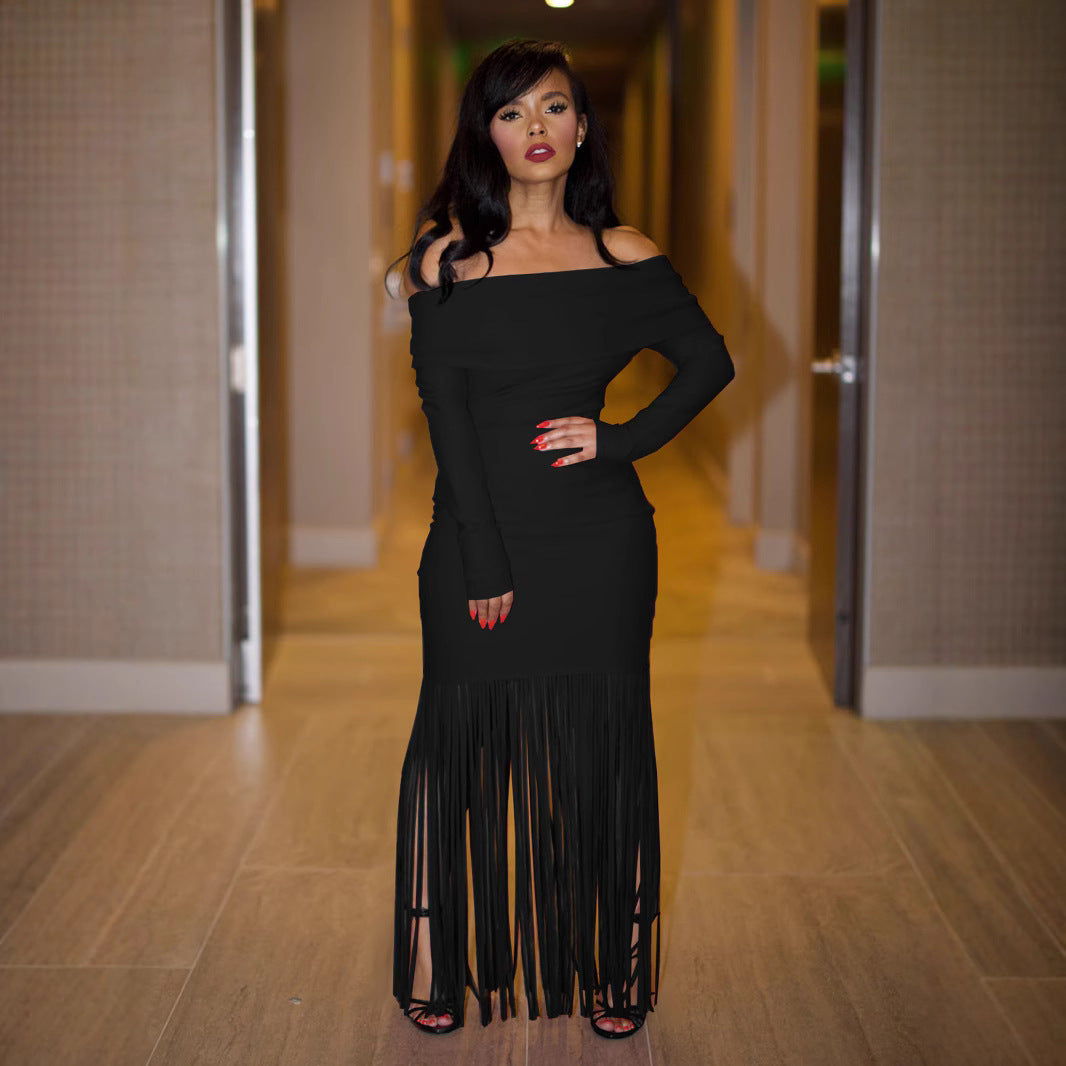 Women sexy Off Shoulder tassel long sleeve off-shoulder wrap dress 8
