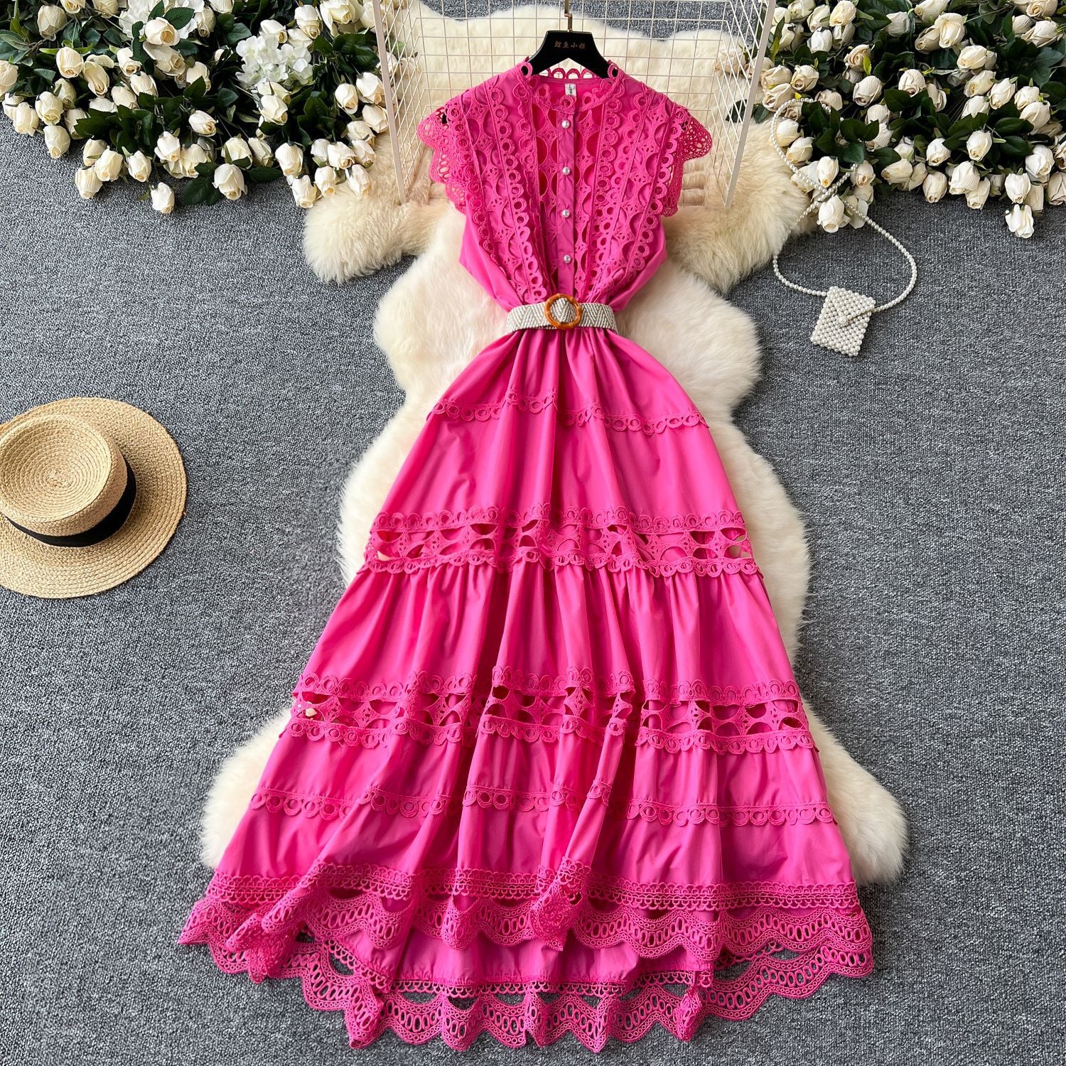 Women Vintage French Elegant Cutout Lace Patchwork Sleeveless Dress 8