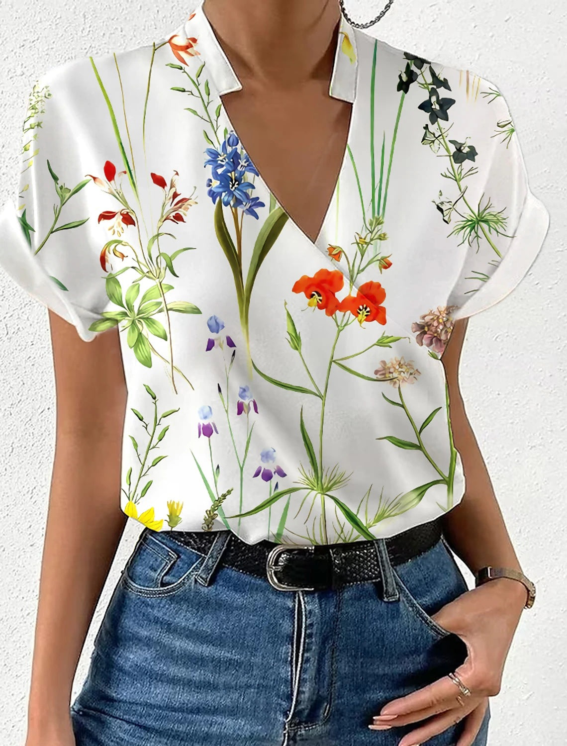 Summer Loose V-Neck Stand Collar Printed Short Sleeve Shirtwomen's Clothing 5