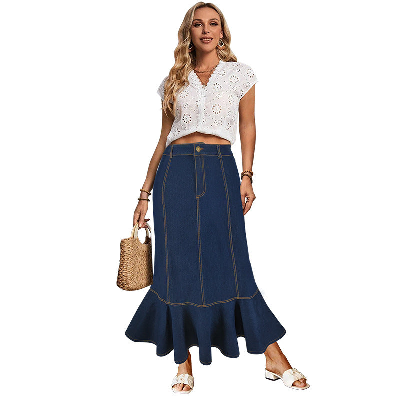Women Button Elegant Fishtail Denim Skirt 6