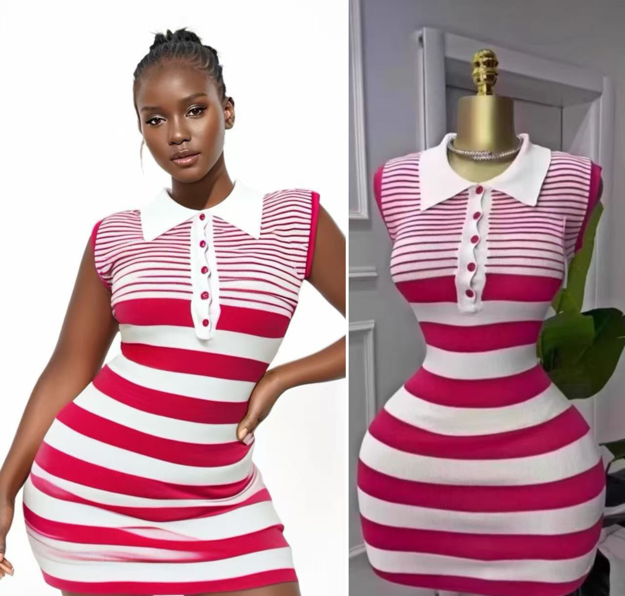 Women's Chic Fashion Striped Turndown Collar Sleeveless Slim Knit Dress 5