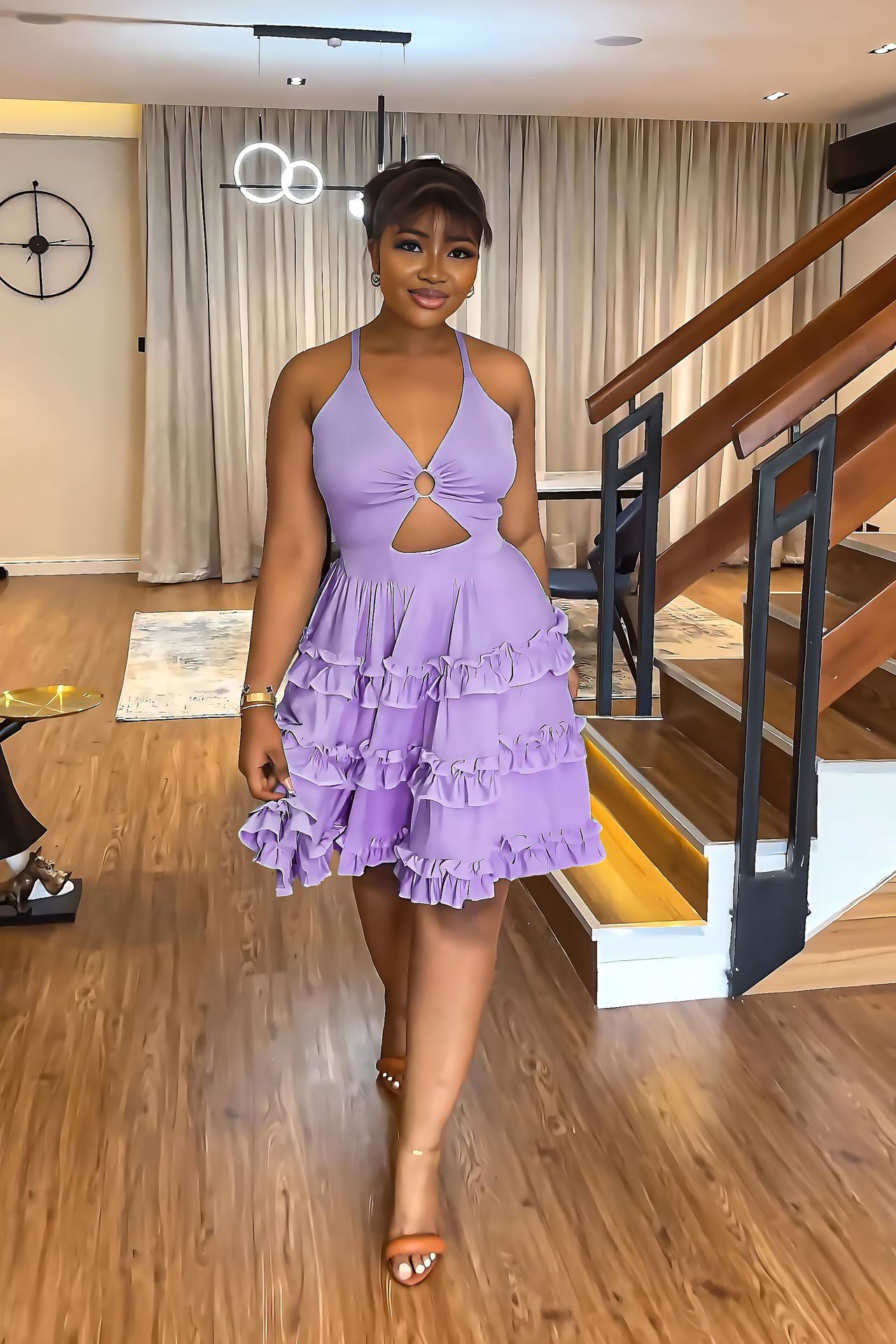 Low Back Halter Chic Ruffle Edge Sexy Slim Straps Women's Dress