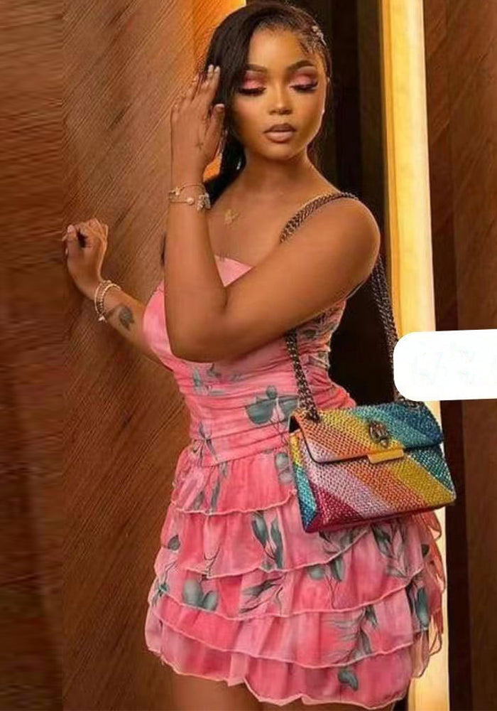 Women Mesh Print Strapless Sexy Backless Cake Dress