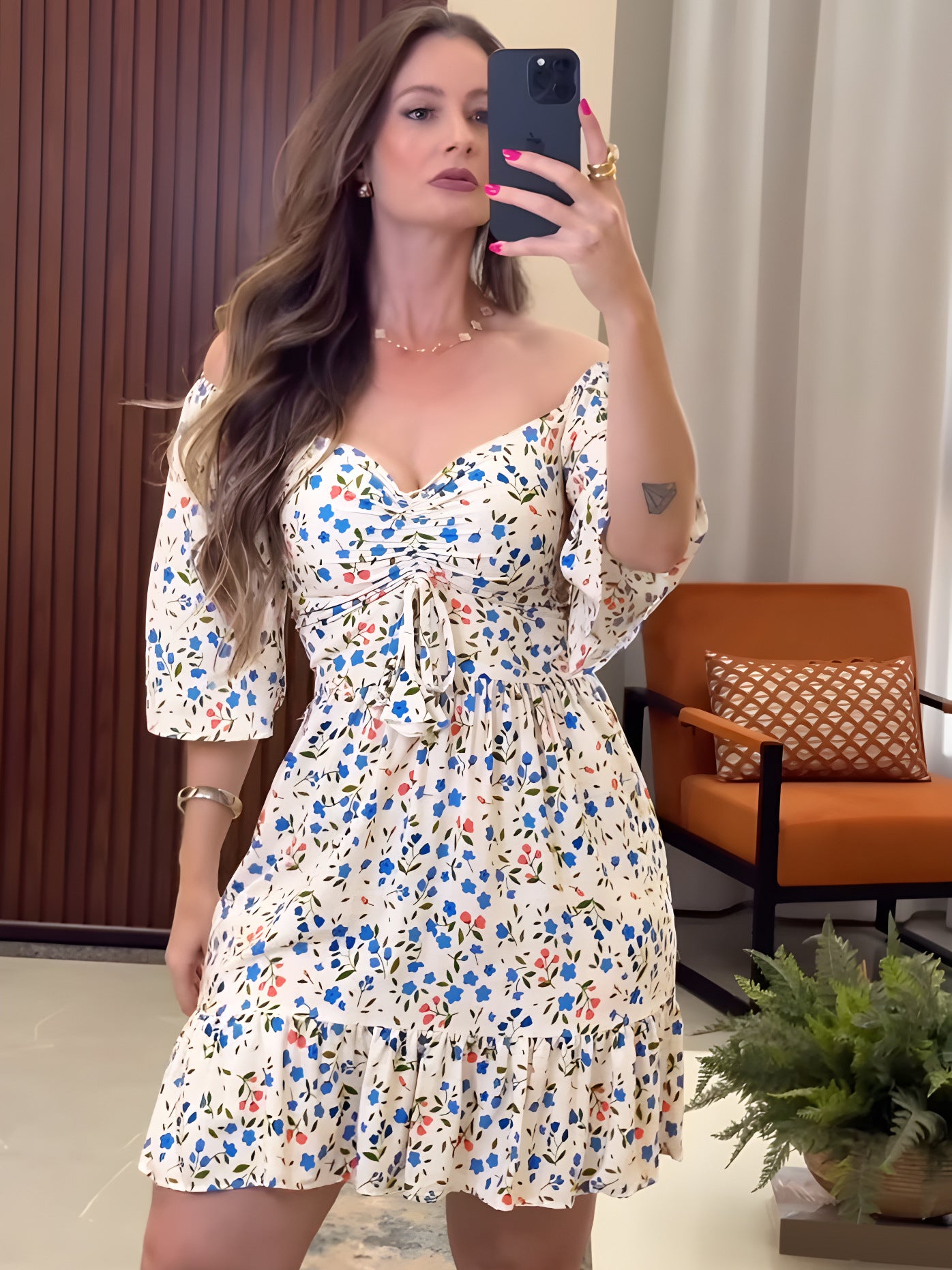 Women Floral V Neck Pleated Summer Dress 3