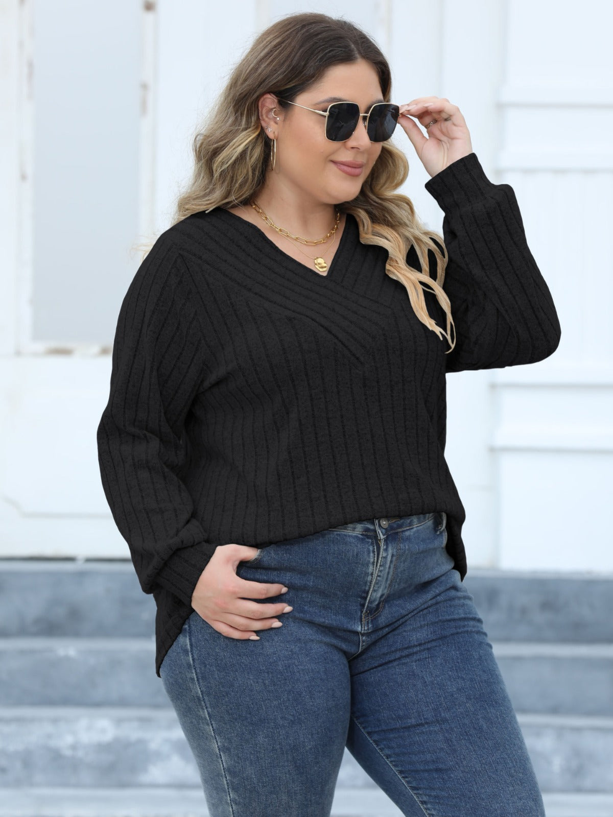 Plus Size Women Ribbed V-Neck Crossover Basic T-Shirt 8