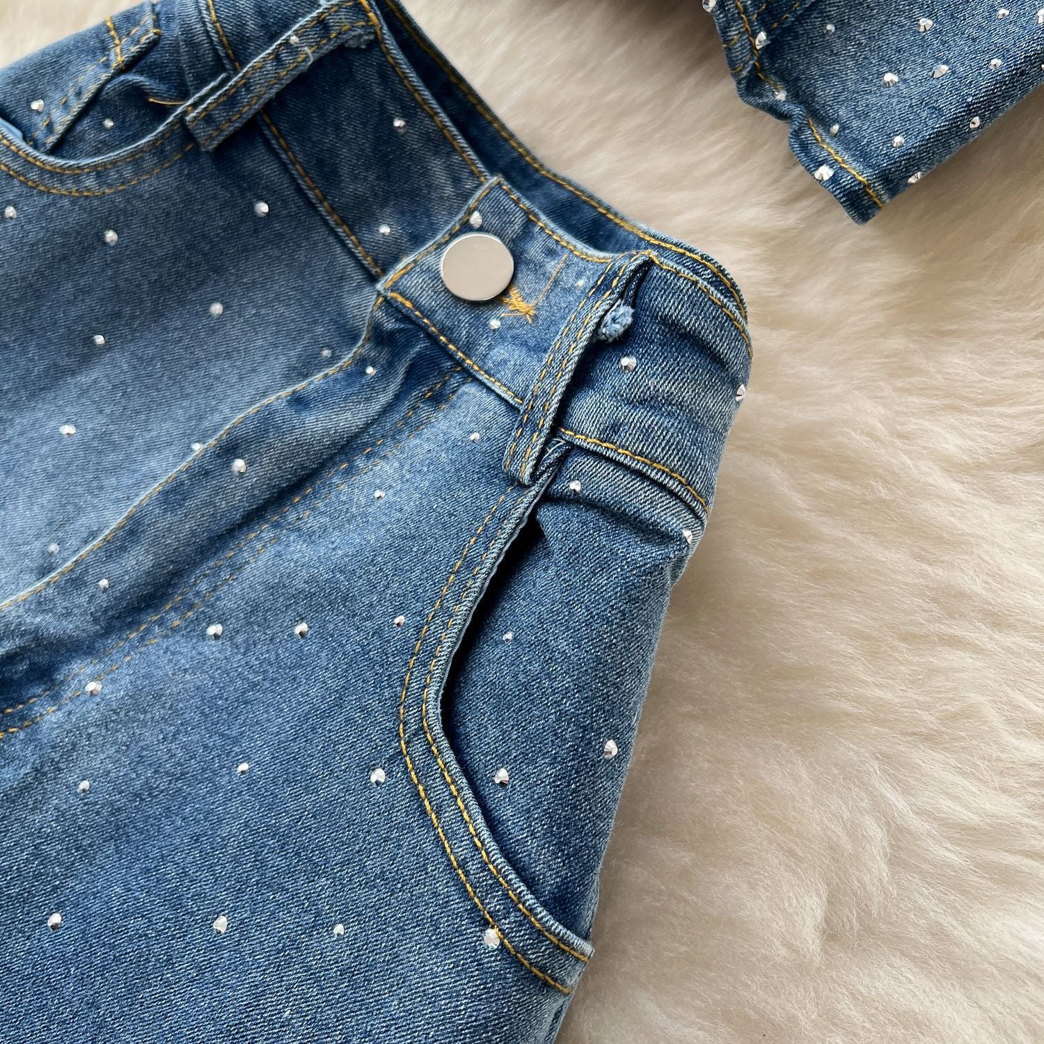 Fashion Beaded Denim summer Strapless Vest High Waist Denim Bell Bottom Trousers Two Piece Set for Women 13